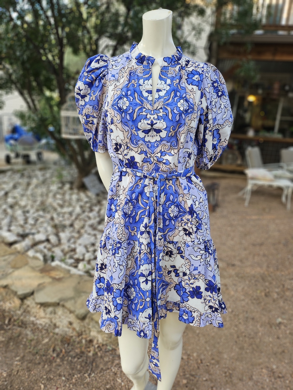 Vince Camuto Blue Floral Puffy Sleeve Print Cotton Mini Dress 2